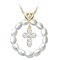 Cultured Freshwater Pearl And Diamond Cross Pendant Necklace