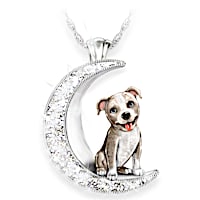 Pit Bull Pup Swarovski Crystal Moon Pendant Necklace