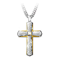 Cross Necklace For Son With Damascus Steel & White Sapphire