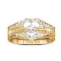 "I Love You" 18K-Gold Plated Diamond Stacking Ring Set