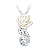 "Love Never Fades" White Rose Remembrance Pendant Necklace