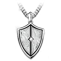 Damascus Steel Shield Pendant Necklace For Grandson