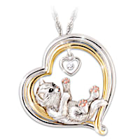 Cat Lover's Heart-Shaped Diamond Pendant Necklace