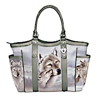 Guardians Of The Wild Womens Light Gray Poly Twill Designer-Style Shoulder Tote  Bag With Faux Leather Trim Featuring Wolf Art By Artist Eddie LePage