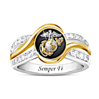 USMC Women's Ring With 26 White Topaz And Sculpted Emblem
