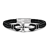 Braided Leather And Black Sapphire Cross Bracelet For Son