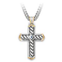Genuine Sapphire Strength In Faith Cross Pendant Necklace