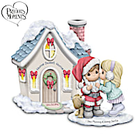Precious Moments Mommy And Santa Figurine With Lighted House