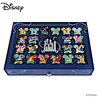 Disney Pin Collection With Collector's Cards And Display