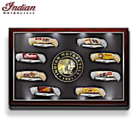Indian Motorcycle Knife Collection With Illuminated Display