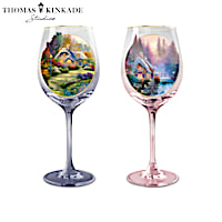 Thomas Kinkade "Simply Joys" Wine Glasses With 12K-Gold Rims