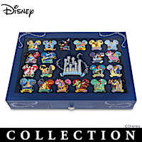 Disney Pin Collection With Collector's Cards And Display