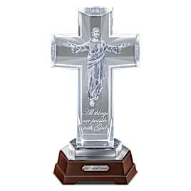 His Heavenly Grace Illuminated Glass Cross With Jesus Image