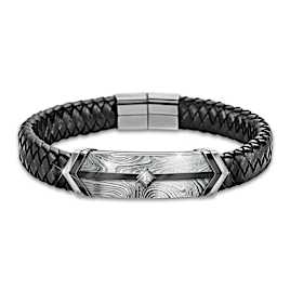 Leather And Damascus Steel Bracelet With Sapphire For Son