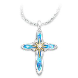 Diamond Cross Necklace With Created Rainbow Opal Inlay
