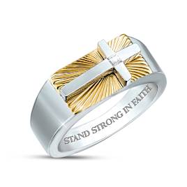 Sculpted Cross Diamond Ring In Stainless Steel With Etching