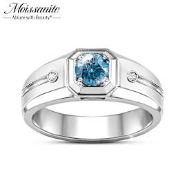 1-Carat Genuine Blue Moissanite And White Moissanite Ring