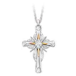 Genuine Diamond And White Topaz Remembrance Cross Necklace