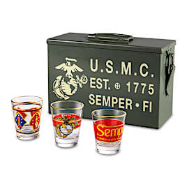 12K Gold-Rimmed USMC Shot Glass Set With Ammo-Style Box