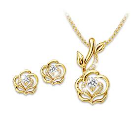Lab-Grown White Sapphire Floral Pendant And Earrings Set