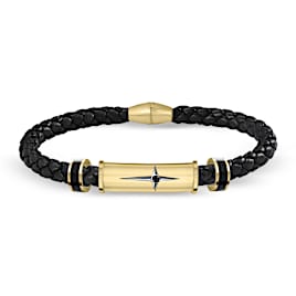 Black Sapphire And Etched Cross Leather Bracelet For Son