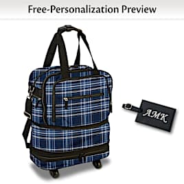 Blue Plaid Rolling Travel Bag And Personalized Tag