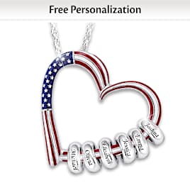 Hand-Enameled US Flag Personalized Family Heart Necklace
