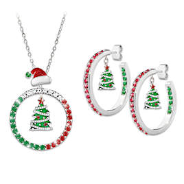 Hand-Enameled Christmas Tree Crystal Pendant & Earrings Set