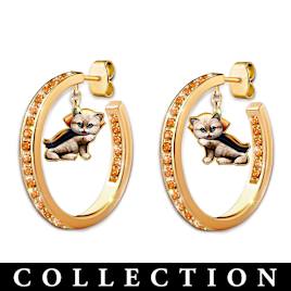 Kayomi Harai Hand-Enameled Cat Art Seasonal Hoop Earrings