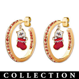 Kayomi Harai Hand-Enameled Cat Art Seasonal Hoop Earrings
