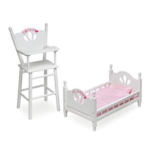English Country High Chair And Bed Baby Doll Accessory Set