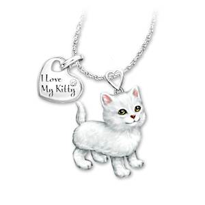 White Frisky Kitty Diamond Pendant Necklace
