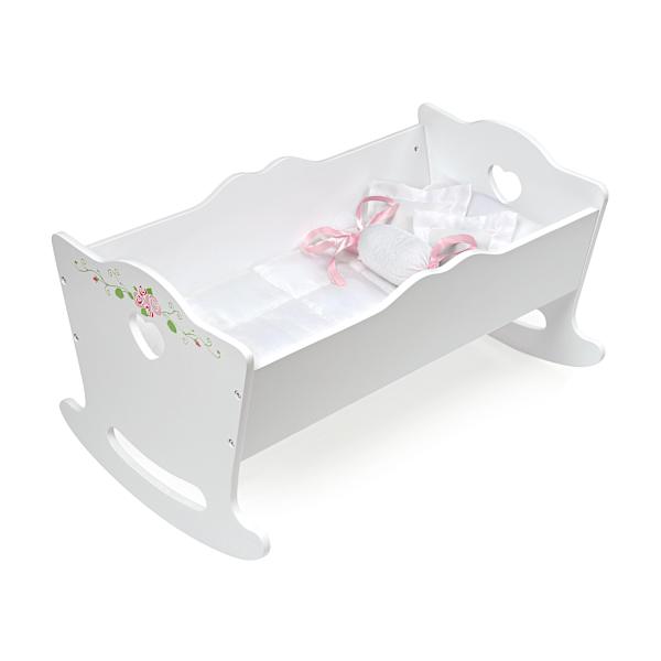 Wooden Rocking Baby Doll Cradle For Kids 6+ With Pillows And