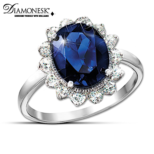 Princess Diana Replica Ring With Created Blue Sapphire Center Stone And 14 Simulated Diamonds
