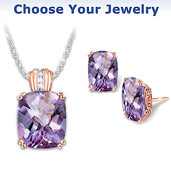 Lavender Radiance Womens Sterling Silver Pendant Necklace And Earrings Set Featuring 5 Carats Of Rose De France Amethyst With White Topaz 18K Rose Gold Plated Accents