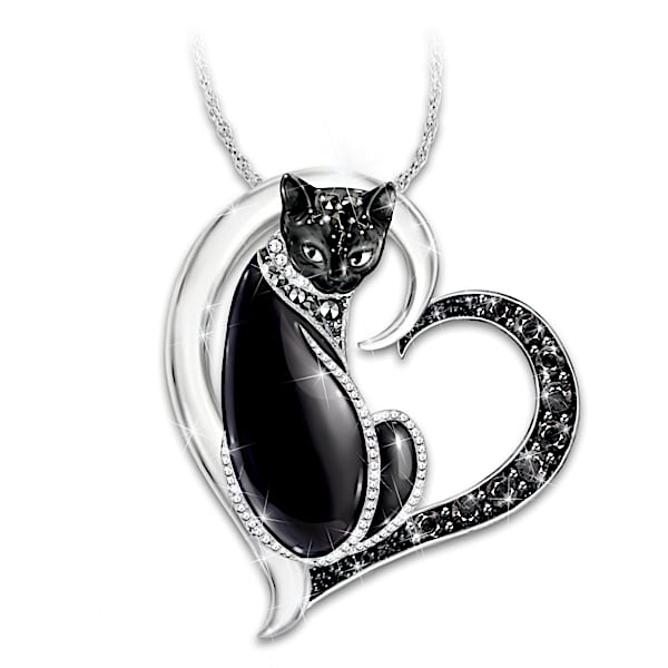 Midnight Mysticat Womens Sterling Silver-Plated Heart-Shaped