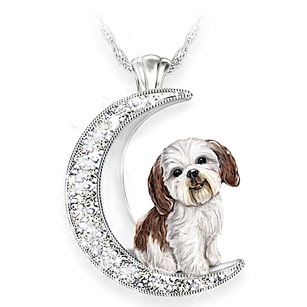I Love My Shih Tzu To The Moon And Back Womens Crescent Shaped Swarovski Crystal Dog Pendant Necklace
