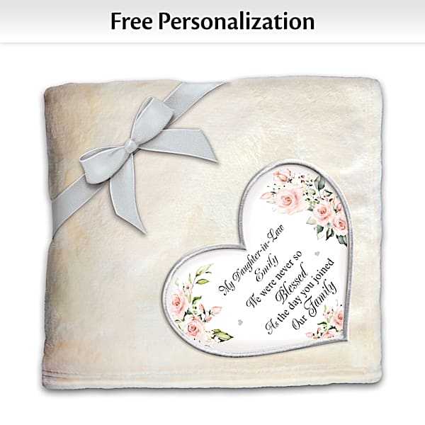 Daughter In Law You Warm My Heart White Hypoallergenic Plush Blanket Featuring A Heart Shaped Applique Personalized With Your Daughter In Laws Name