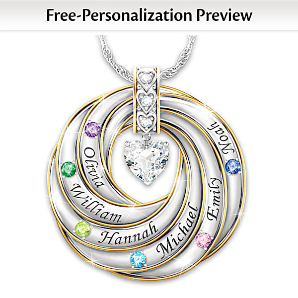 Our Family Of Strength Love Personalized Sterling Silver Plated Pendant Necklace With 18K Gold Plated Accents Adorned With Up To 6 Crystals
