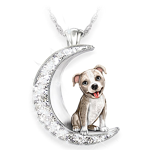 Pit Bull Pup Swarovski Crystal Moon Pendant Necklace