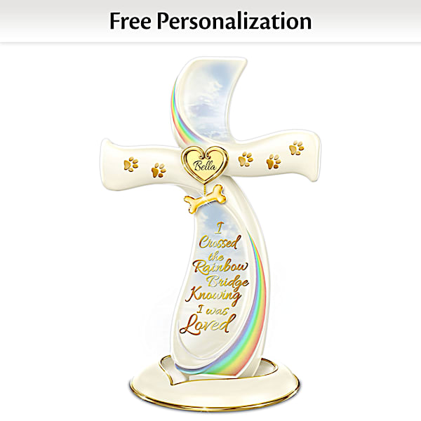The Rainbow Bridge Personalized Heirloom Porcelain Pet Remembrance Cross Featuring A Golden Bone Charm Adorned With 22K Gold Paw Prints
