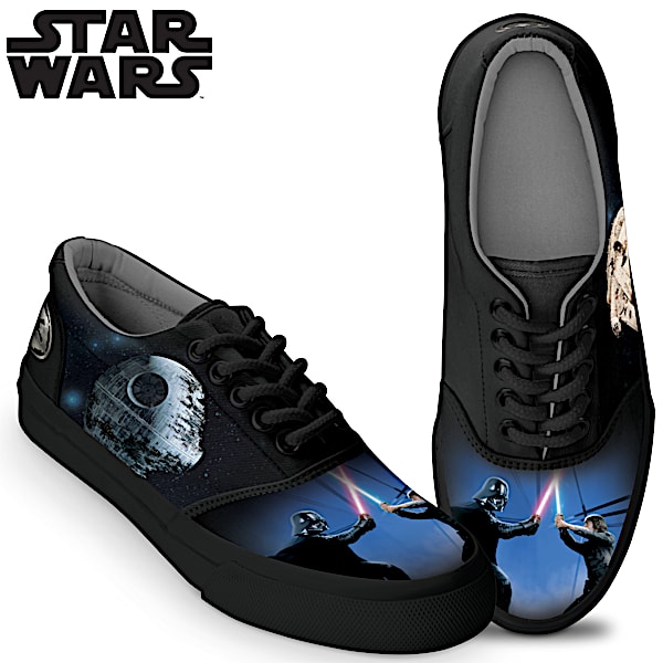 STAR WARS Saga Mens Shoes Featuring A Black Canvas With Luke Skywalker Darth Vader Accented By The Millennium Falcon Death Star