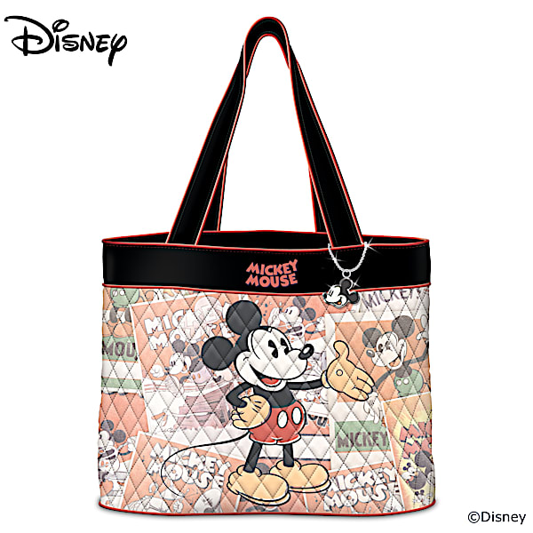 Disney Classic Moments Diamond Quilted Poly Twill Tote Bag Featuring Vintage Style Artwork With A Mickey Mouse Profile Charm