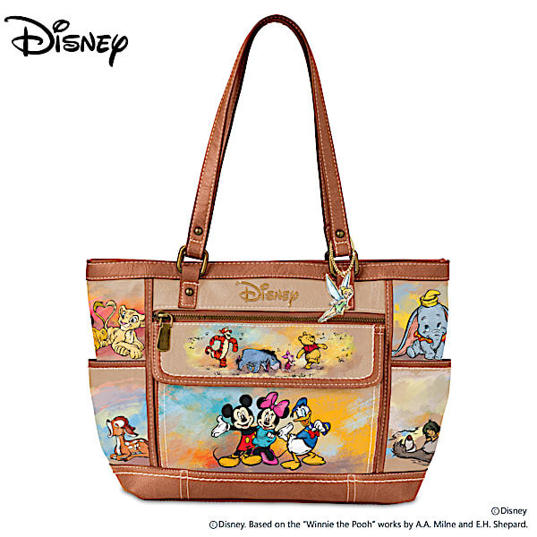 Disney Masterpiece Of Magic Beige Faux Leather Designer Style Handbag Featuring A Whimsical Watercolor Print Artwork Of Over 20 Beloved Characters