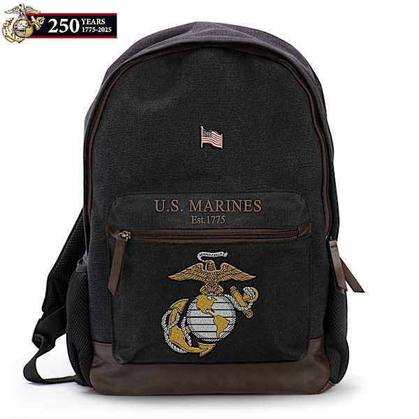 U.S. Marines Black Canvas Backpack Featuring An Embroidered USMC Emblem Brown Faux Leather Accents With A Free American Flag Pin