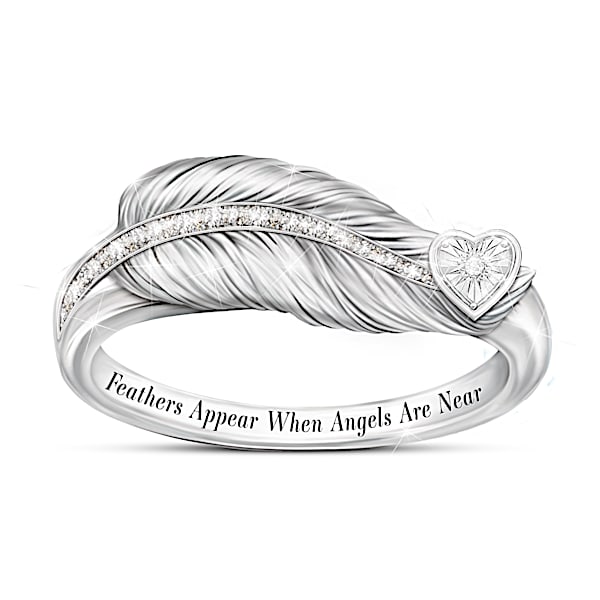 Sterling Silver Remembrance Ring With A Sculpted Angel Feather Design Adorned With Diamond Accents