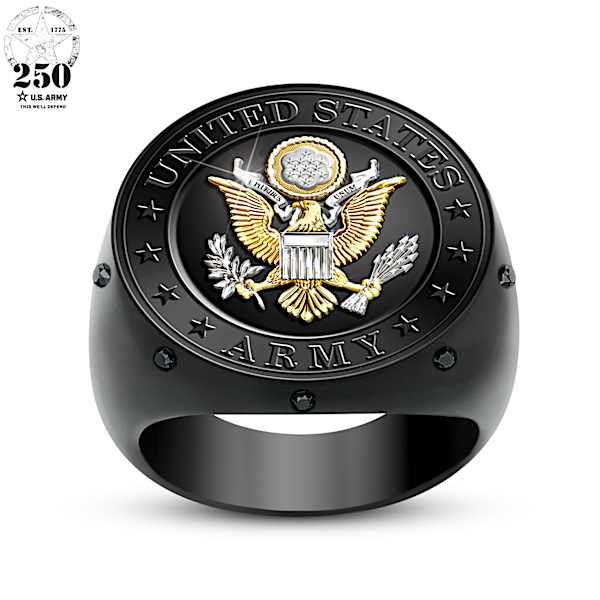 Army Pride Stainless Steel Ring Ion Plated In Jet Black 24K Gold And Silver Featuring The Army Logo At The Center Hand Set With 8 Black Sapphires