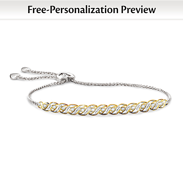 For All That You Are Sterling Silver Plated Personalized Daughter Bolo Bracelet With 18K Gold Plated Accents Adorned With Heart Shaped Diamonds
