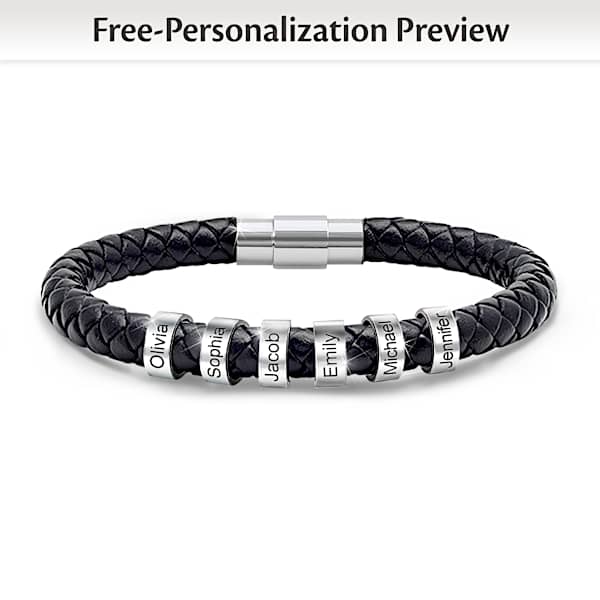 Braided Black Leather Bracelet Adorned With Up To 6 Rondelle Stainless Steel Beads Etched With Names