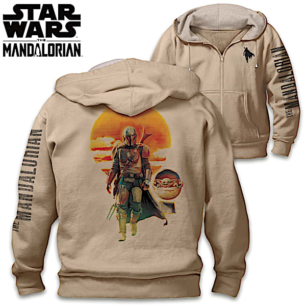 The Mandalorian Mens Hoodie Tan Knit Cotton Blend Featuring Mando With His Bounty On The Back A Bounty Hunter Action Silhouette On The Front
